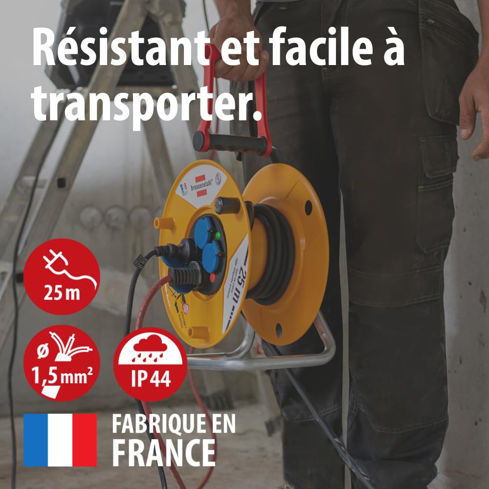 Brennenstuhl Enrouleur de câble Standard Pro 25m (IP44, Cablepilot), Fabrication Française 1206921 Jaune