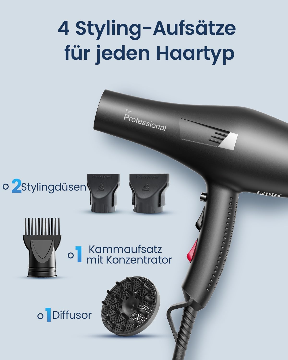 Profi Föhn Ionen Fön Haartrockner Hair Dryer Haarföhn | 1 Diffusor 2 Stylingdüse, 3 Heiz und 2 Geschwindigkeitsstufen, 1.9 Meter langes Netzkabel, Starker Fön für Familie ( Graphit)