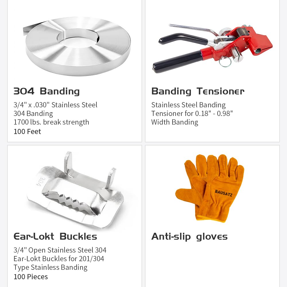 BAUSATZ Kit de flejado de embalaje – Bobina de banda de acero inoxidable (3/4 pulgadas x 100 pies x 0.04 pulgadas) y hebillas de oreja (100 piezas) – Rojo – Industrial, Construcción, Exterior