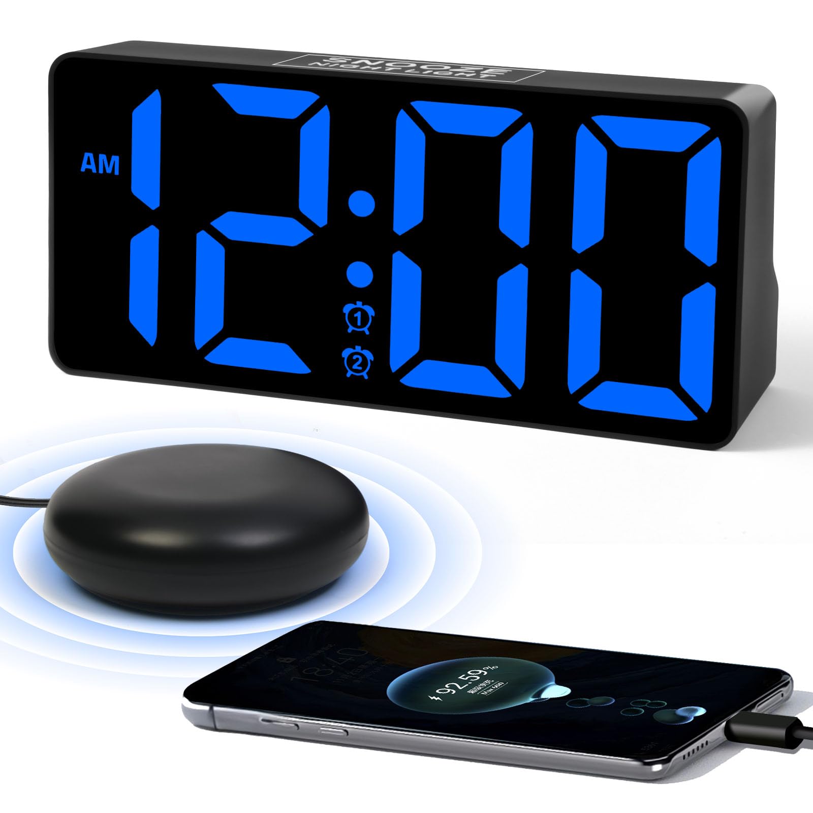 Alarm Clock for Bedroom Heavy Sleepers with Bed Shaker & Night Light-Vibrating Digital Clock Large Dimmable LED Digits with Dual Alarm & Charging Port