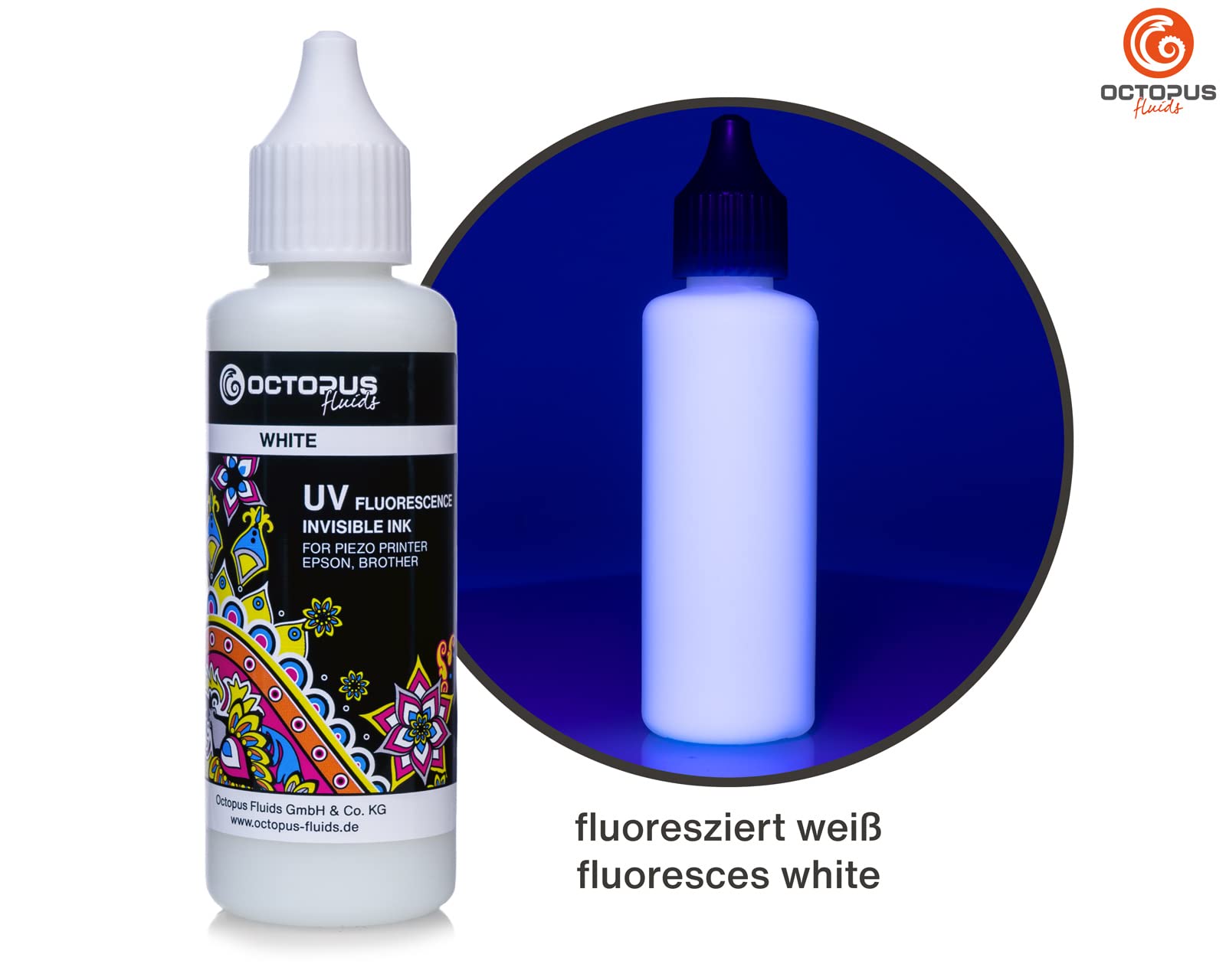 Octopus 4X 50ml Encre UV fluorescente invisible compatible pour Epson et Brother, Blanc, Cyan, Magenta, Jaune