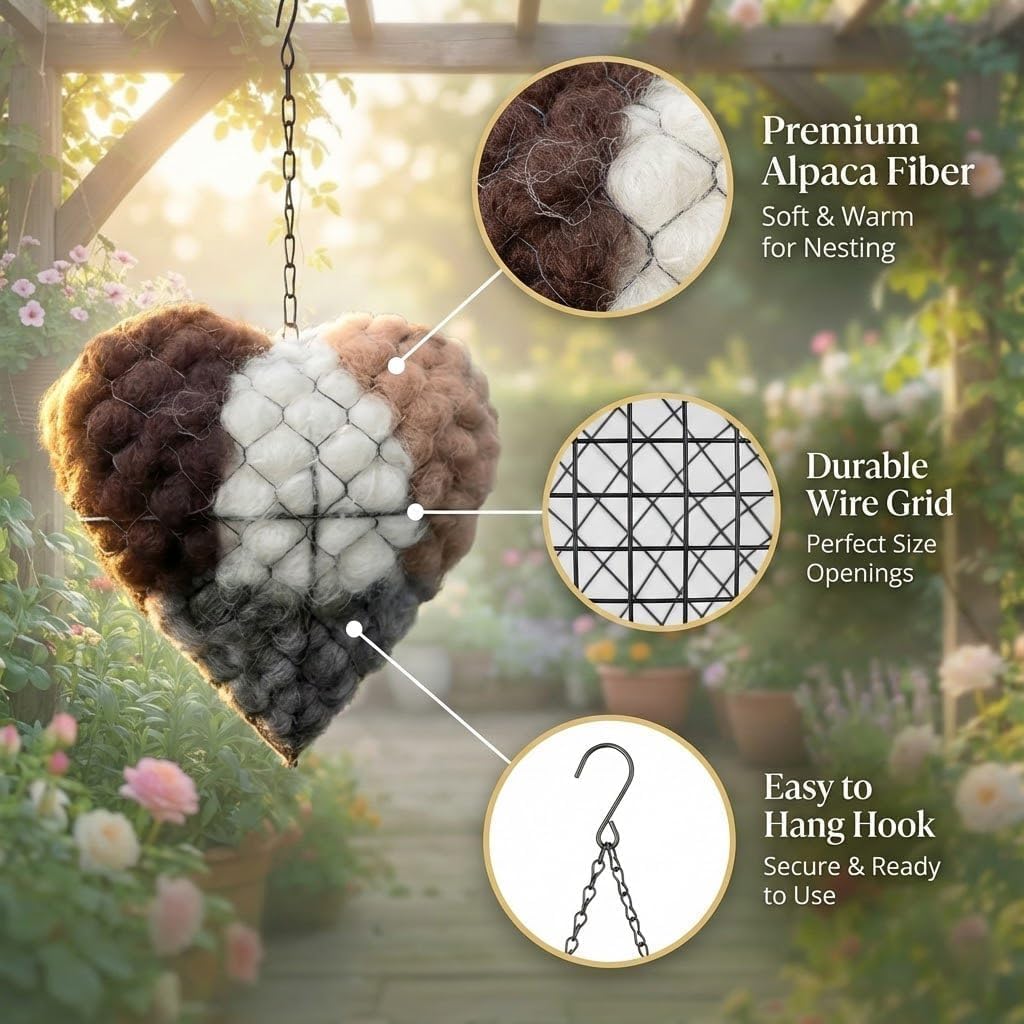 Handmade Alpaca Fiber Bird Nesting Heart, Nesting Material for Wild Bird, Refillable Nesting Material Holder with DIY Flower Bird Feeder, Outdoor Garden Gift for Bird Lovers (3)