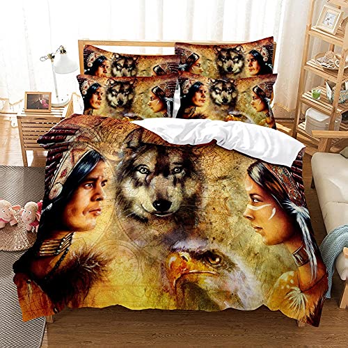 ZQMHCY Housse de Couette 240 x 260 Loup Indien Parure de Lit Microfibre Douce Respirante House de Couette Imprime 3 Pièces,avec Fermetureéclair + 2 Taies d'oreiller 50x75cm