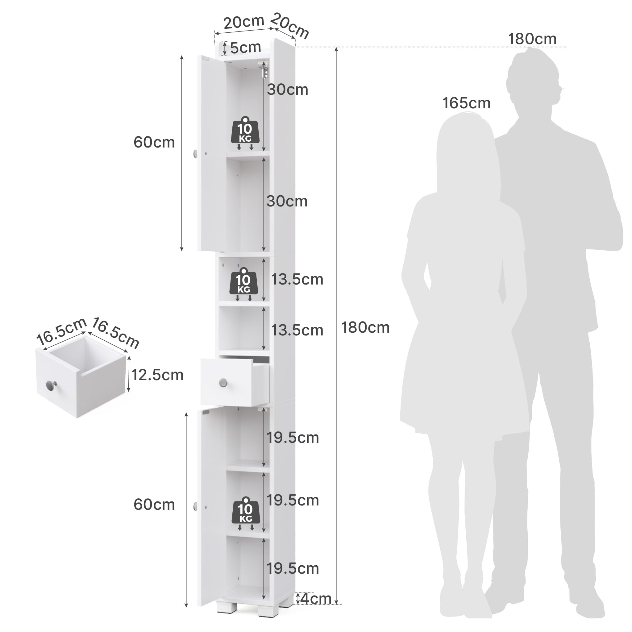 Mondeer Mobile da bagno alto e sottile, per piccoli spazi larghi 20 cm | Mobile portaoggetti stretto autoportante con cassetto, 5 ripiani regolabili e 2 scomparti aperti, 20 x 20 x 180 cm, bianco