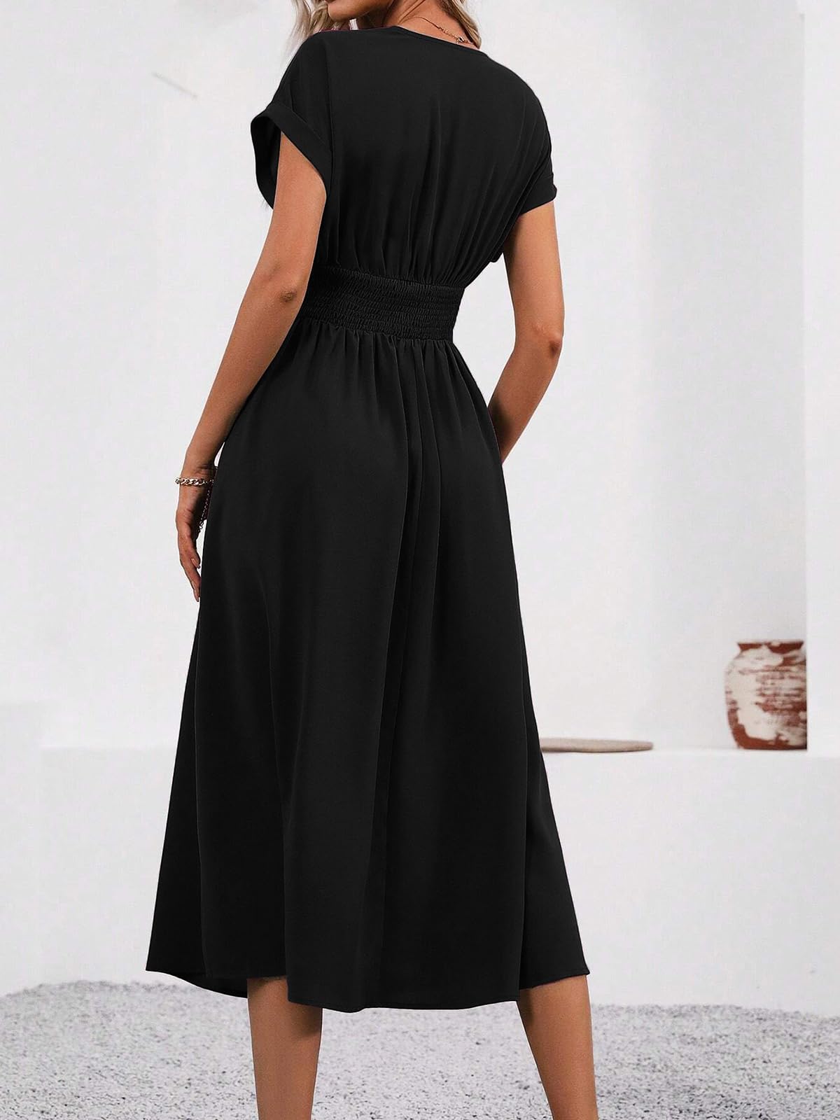 LIAMERHE Robe Hiver/Été Femme Élégante Col en V Manches Longues/Courtes Robes Casual Solide Taille Haute Ligne A Robe Longue Robe de Mariage Décontractée