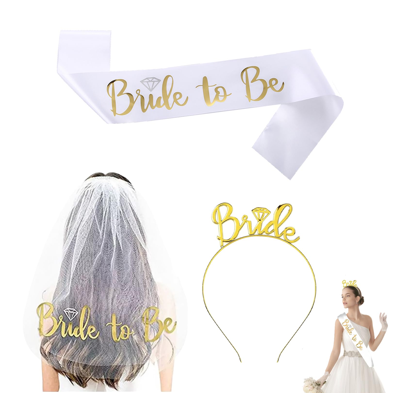 3 Pcs Hen Party Accessories,Bride to be Sash,Bride to be Veil,Bride Headband,Hen Do Accessories,Hen Party Decorations Supplies,Dressing Tiara for Bridal Shower,Bachelorette Parties,Wedding (Gold)