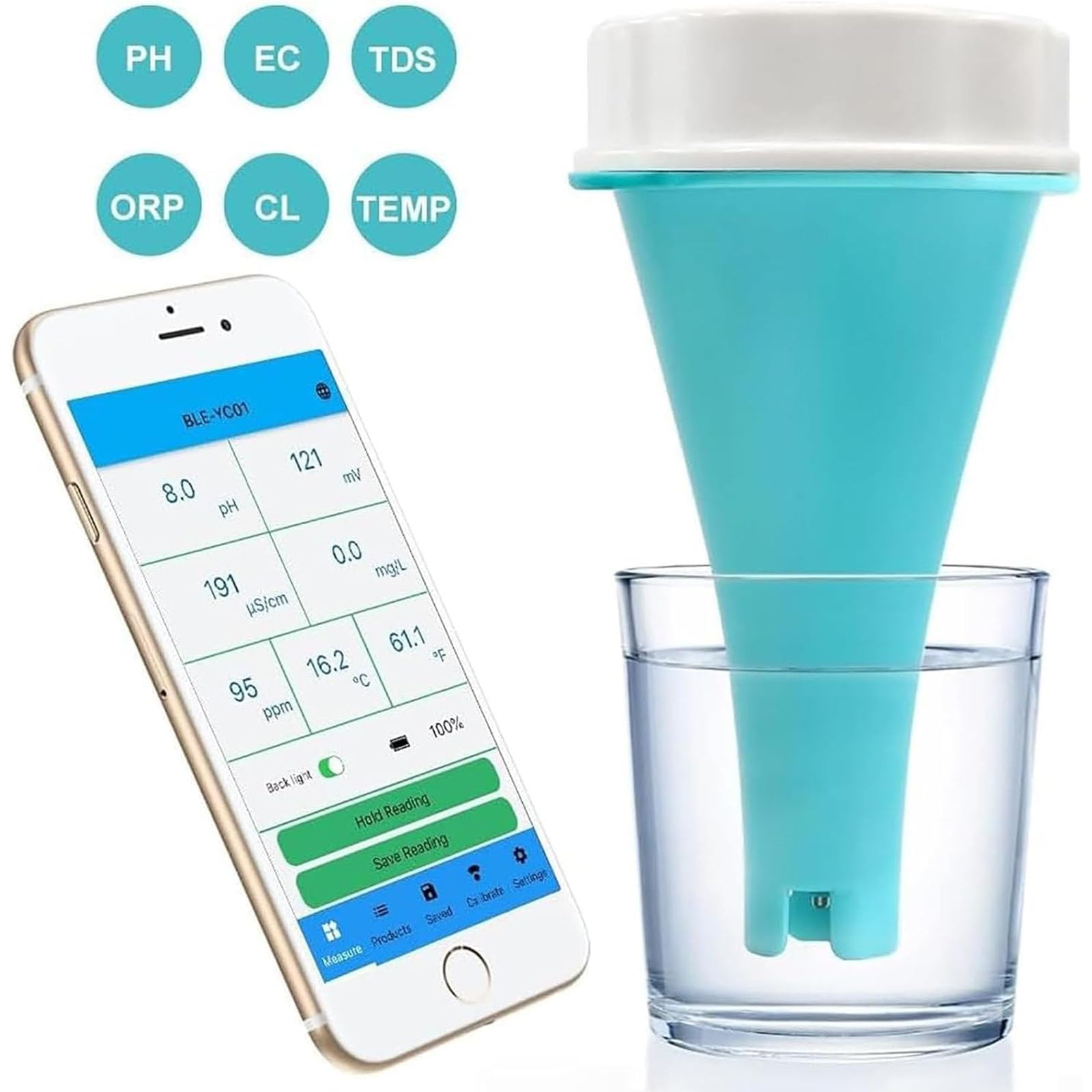 Tester jakości wody 6 w 1, monitor wody basenowej Bluetooth z wyświetlaczem LCD, Ph, Chlorine, Ec, Tds, Orp i testowanie temperatury, wodoodporność IP67 do basenów, spa i akwariów