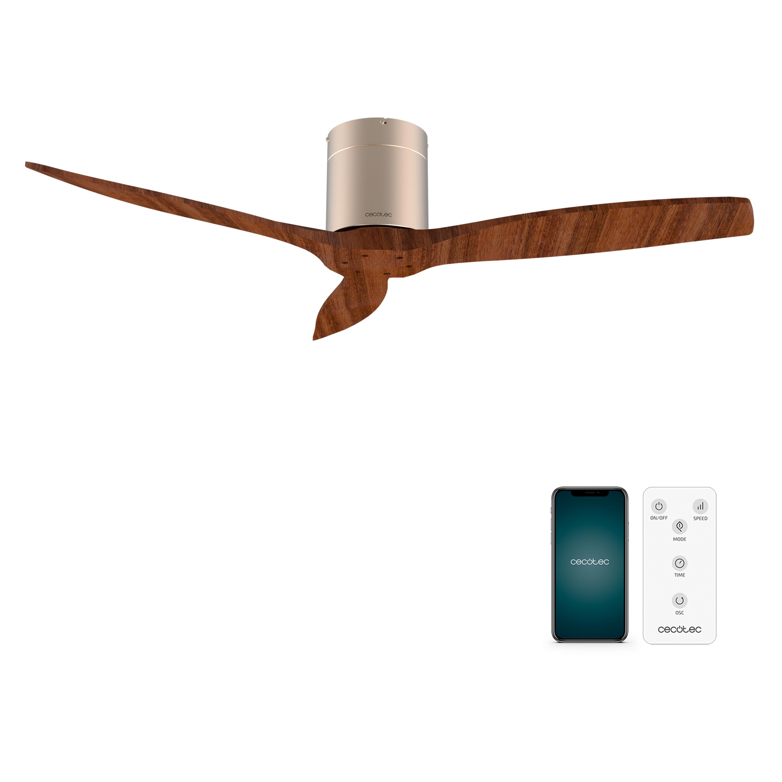 Cecotec Ventilador de Techo EnergySilence Aero 5500 Aqua GoldDarkWood Connected, Motor DC 40W, Diámetro 132 cm, Bajo consumo, Wifi, Mando, Exteriores, Temporizador, Verano e invierno, Silencioso