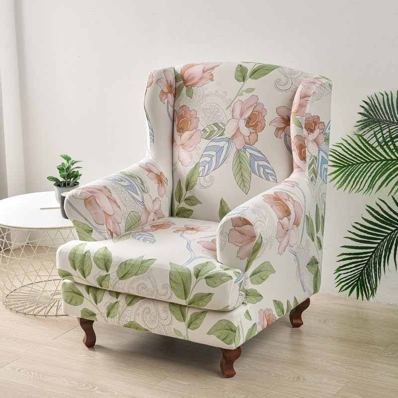 Highdi Wingback Chair Covers Stretch Wing Chair Slipcover 2 Piece, Spring Flowers Printing Sofa Cover Furniture Protector for Strandmon Armchair Chairs Living Room Hotel Bedroom (Spring)