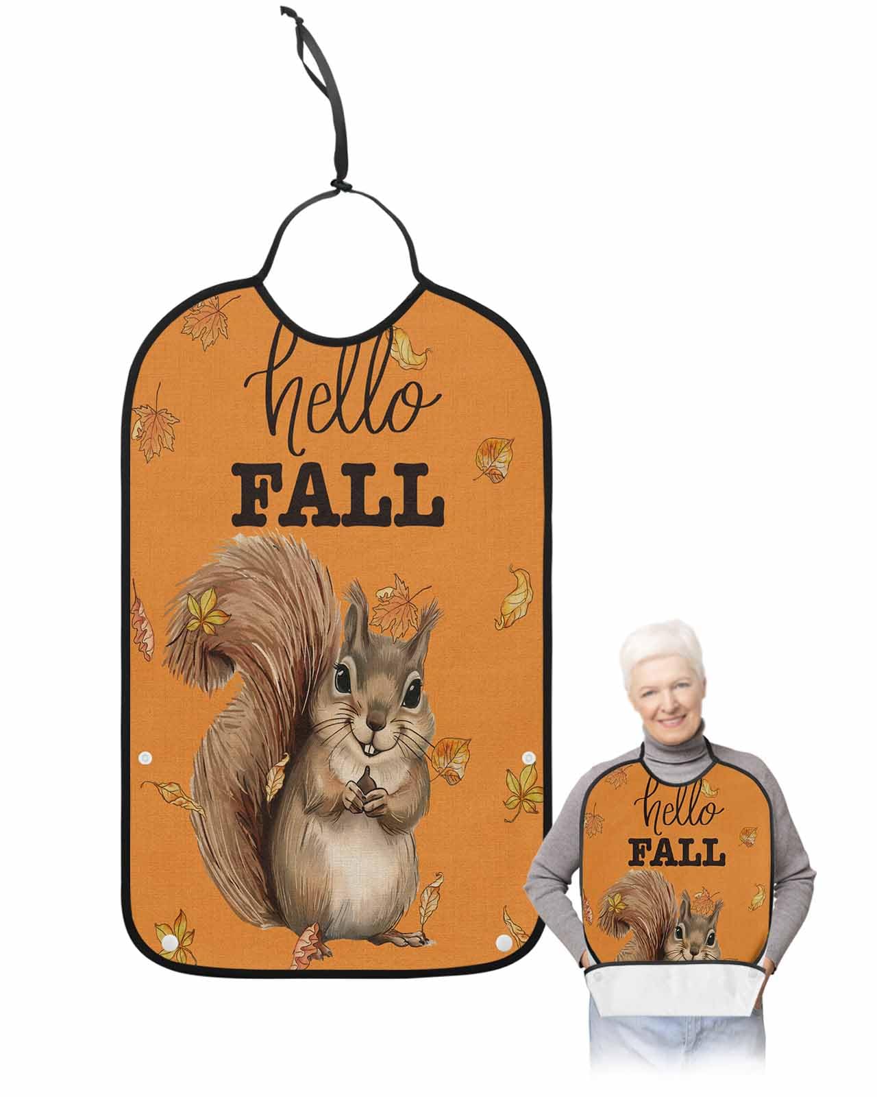 Adult Bibs for Eating, Squirrel Fall Leaves Orange Thanksgiving Washable Elderly Adult Bibs for Men Women Large Reusable Adjustable Clothing Protector with Optional Crumb Catcher