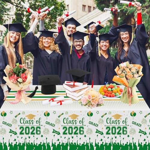 Image of Graduation Decorations Class of 2026 Tablecloth - 3 Pcs Plastic Congrats Grad Table Cloth, Graduation Table Cover for Graduations Party Decorations 2026 and Party Supplies, 54 inchx108 inch (Green and Gold)