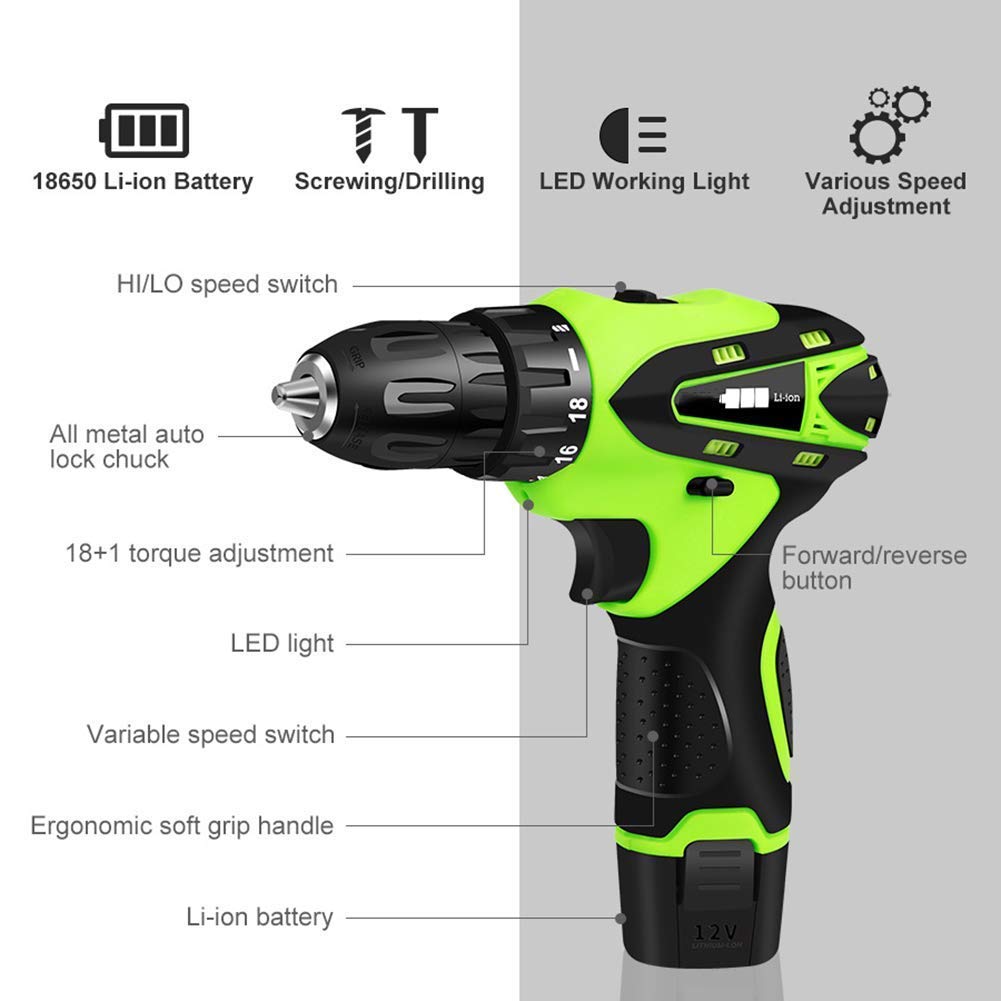 Trapano Avvitatore Professionale a Batteria 12V, Coppia Massima 32 NM, Utensili per la Lavorazione del Legno Fai da Te a 2 velocità