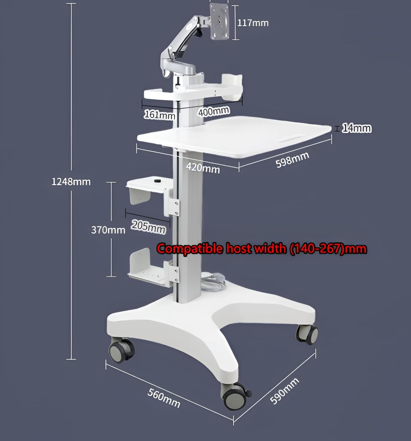 OC Series Professional Equipment Cart with 5-Axis Pneumatic Arm – Hidden Cable Management, Adjustable Trays, No Display Included (Models: OC-1T, OC-1TD, OC-1TB) (OC-1TB)