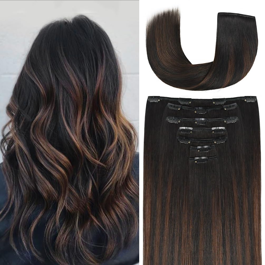 22 Inch Clip-in Hair Extensions Remy Human Hair for Women - Soft Handmade Real Human Hair Clip in Extensions, Straight, Thick, 165g 7pcs #(1BT4) P1B Color