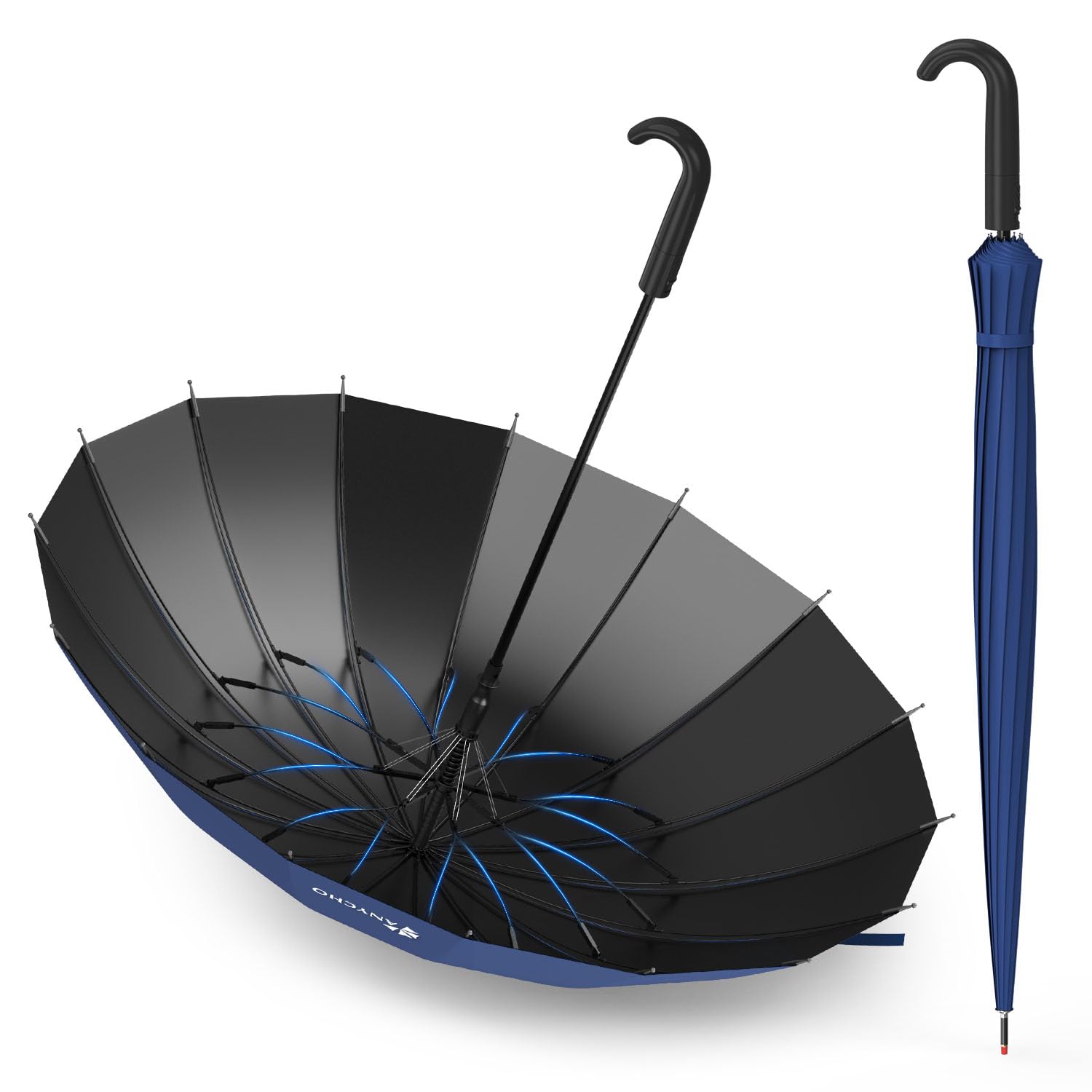 Umbrella for Rain Big Size, 51 Inch Big Umbrella for Men with 16 Reinforced Windproof Ribs & Black Coating for Stormy Days & UV Protection - Ideal for 2-4 People Outdoor Use