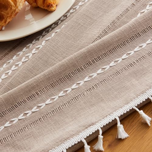 ZeeMart Hemstitched Embroidery Striped Boho Tablecloth 54x54 Inch Taupe, Heavy Weight Farmhouse Burlap Linen Light Brown Tablecloth, Wrinkle Resistant Washable Table Cloth for Square Table by ZeeMart - Used condition - Image 6