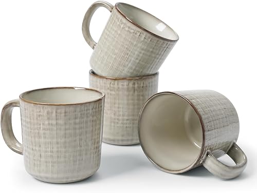 famiware Moonlight - Juego de 4 tazas de café de 13 onzas con acabado de lino, juego de tazas de café con asa para café con leche, capuchino, té,