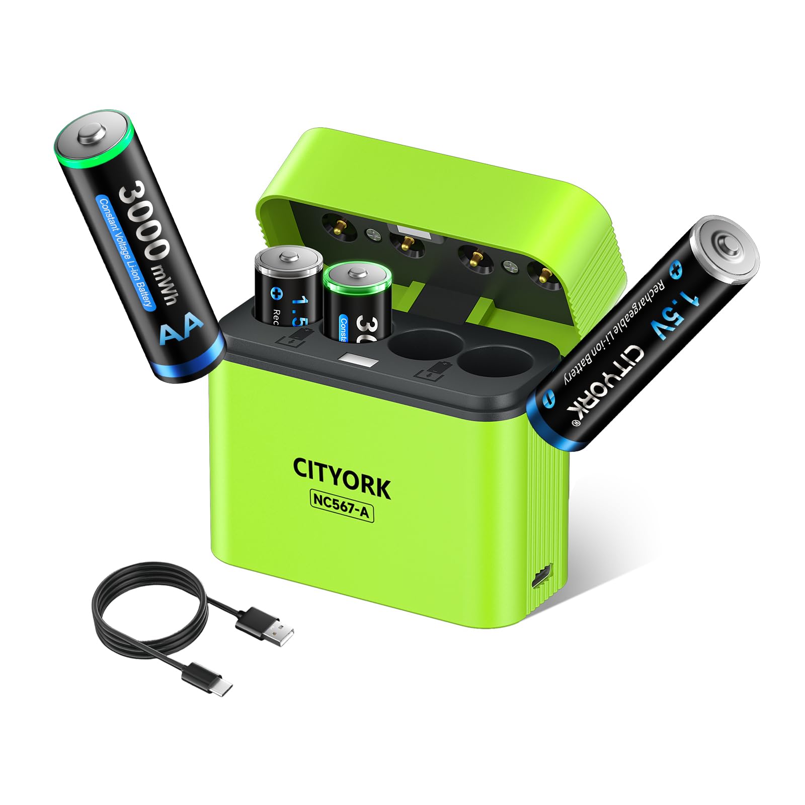 CITYORK Lot de 4 piles AA rechargeables au lithium avec chargeur, 1,5 V haute capacité 3000 mWh, batterie au lithium AA avec boîte de rangement intégrée
