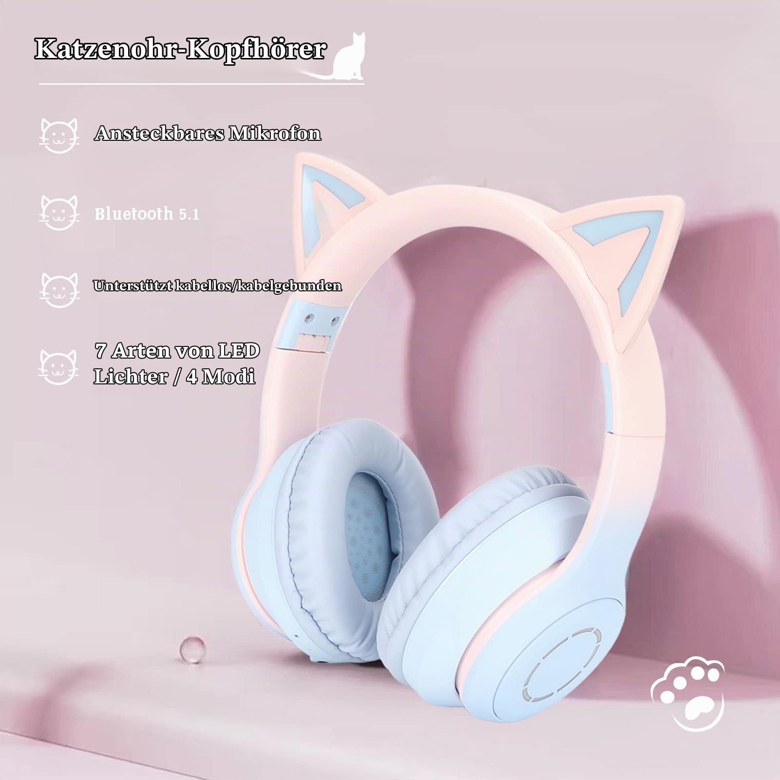 Gugxiom Cat-Ear-Kopfhörer, Kabellose Gaming-Headsets über Bluetooth 5.1/3,5 Mm AUX-Kabel, Faltbare Kopfhörer mit 7-farbigen LED-Leuchten und 4 LED-Modi für Mädchen(Blau)