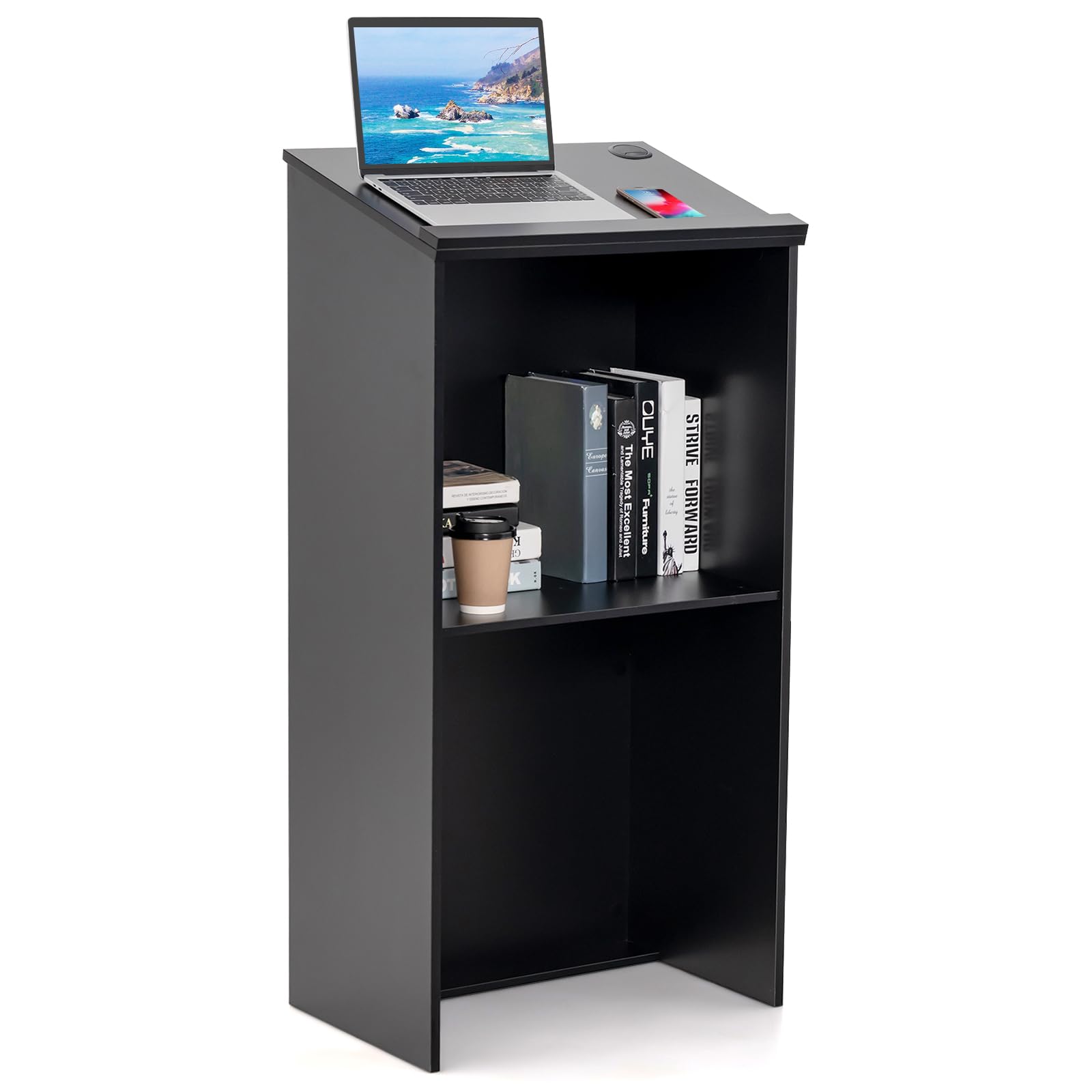 GIANTEX Podium, Hostessenständer für Redner mit Ablagefläche & Kabellöchern, Rednerpult, Kanzel für Kirche, Stehpult aus Holz für Klassenzimmer, Büro, Restaurant, Seminar, 58 x 40 x 117cm (Schwarz)