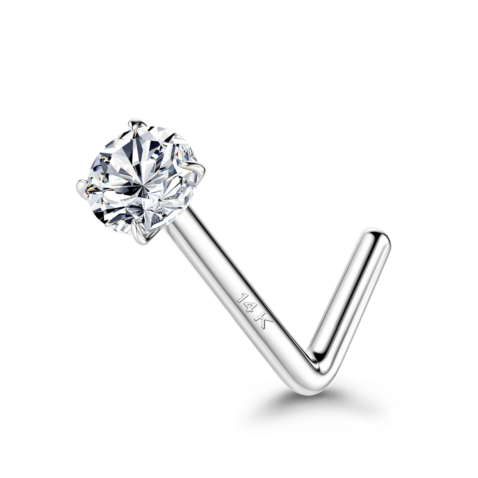 BUTADR14K Real Gold Nose Studs, 18G 20G Solid Gold L Shaped Nose Rings, Simulated Diamond CZ Hypoallergenic Nose Piercings for Women Men 1.5 2 3MM