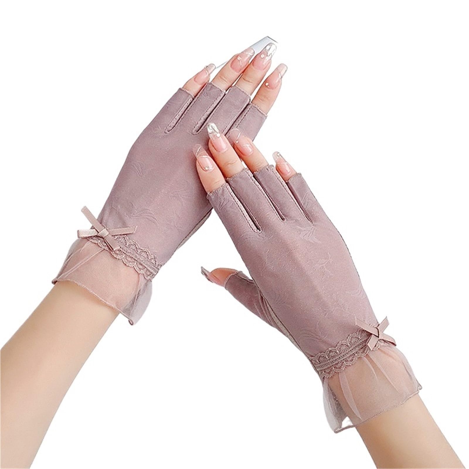 JMORCO Sun Gloves 1 Pair Women Summer Ice Silk Sexy Lace Thin Sunscreen Half Finger Gloves Non Slip Breathable Drive Cycling(Purple)
