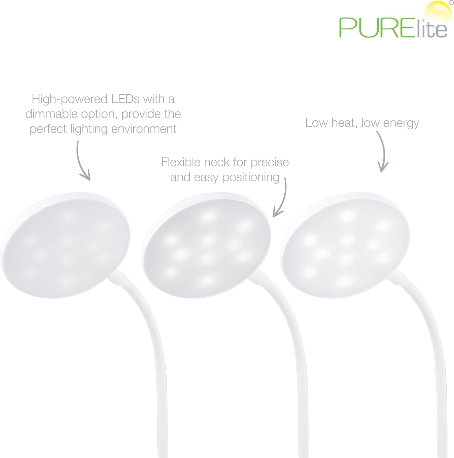 PURElite LED Clamp Lamp - Rechargeable Flexible LED Table Lamp, Adjustable Neck and Clamp Included, Natural Bulbs for Reading, Sewing, Crafts - White