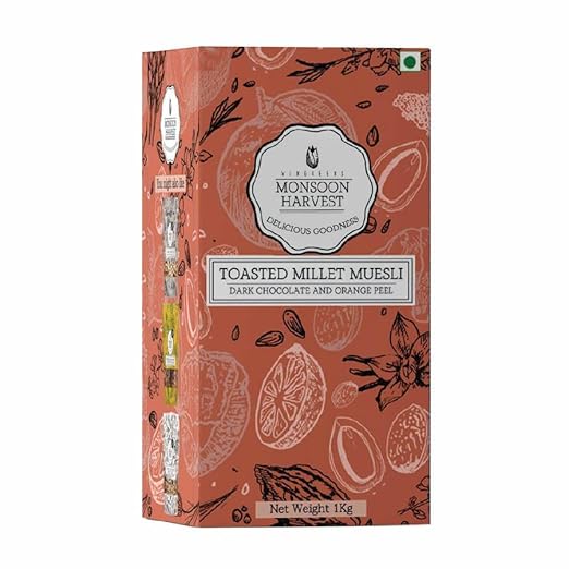 Wingreens Monsoon Harvest Toasted Millet Muesli 1kg, Dark Chocolate & Orange Peel, Natural, Breakfast cereal, Healthy Gluten-free with Whole grains, dried fruits, Nuts and Seeds, Saver Pack.