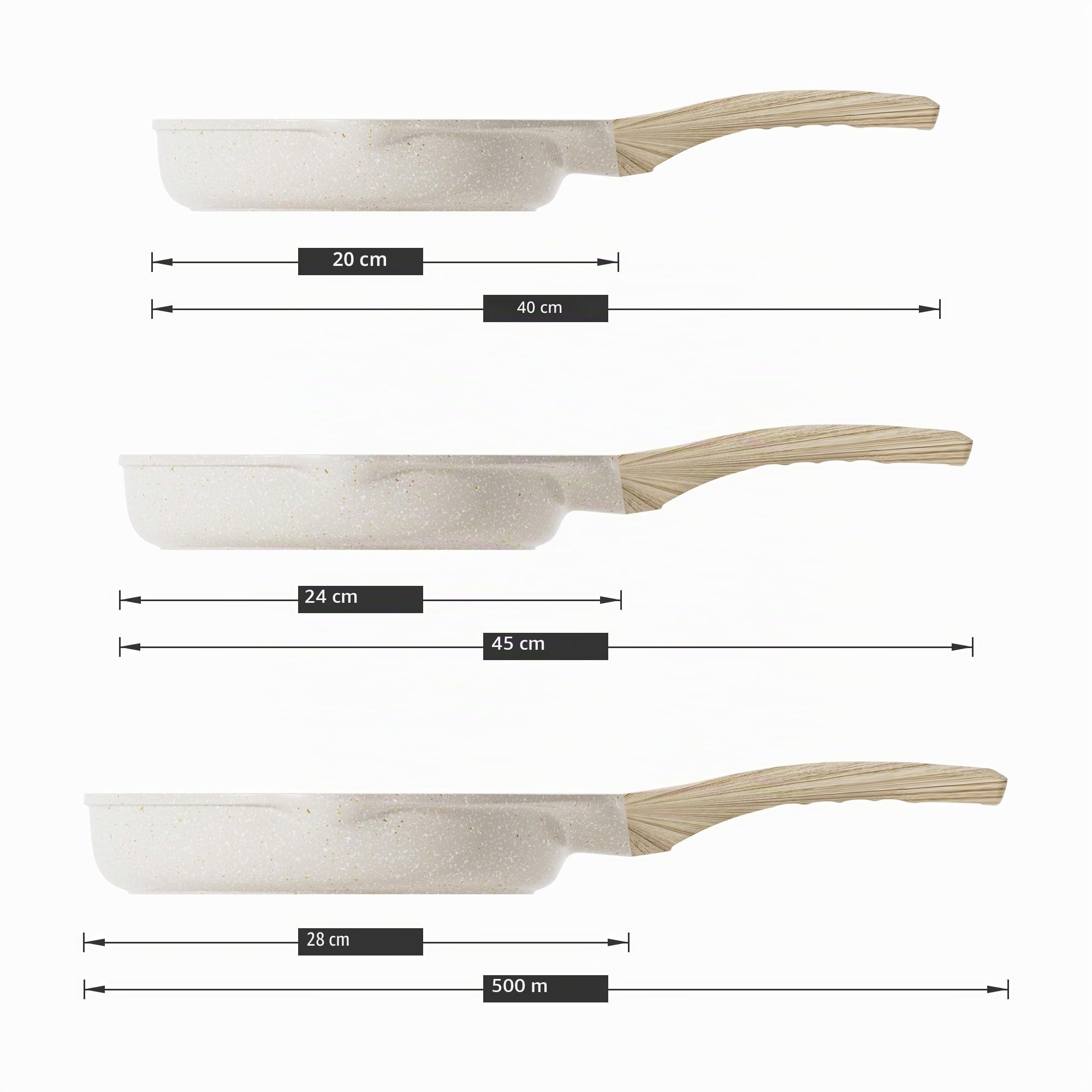 RIOVARM Inducción Juego de sartenes Antiadherente Batería de cocina 20 cm 24 cm 28 cm Granito Sartén para tortillas sin PFOA Mármol Sartenes con mango resistente al calor para varias estufas