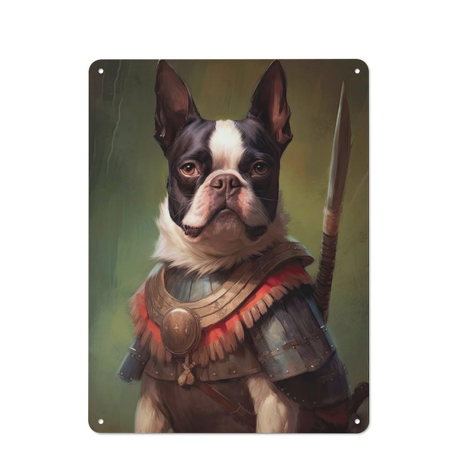 Decorative Tin Plaque with Boston Terrier Viking Design 40x30cm, Classic Novelty Wall Art for Flat, Dorm Room, Lounge Or Cafe