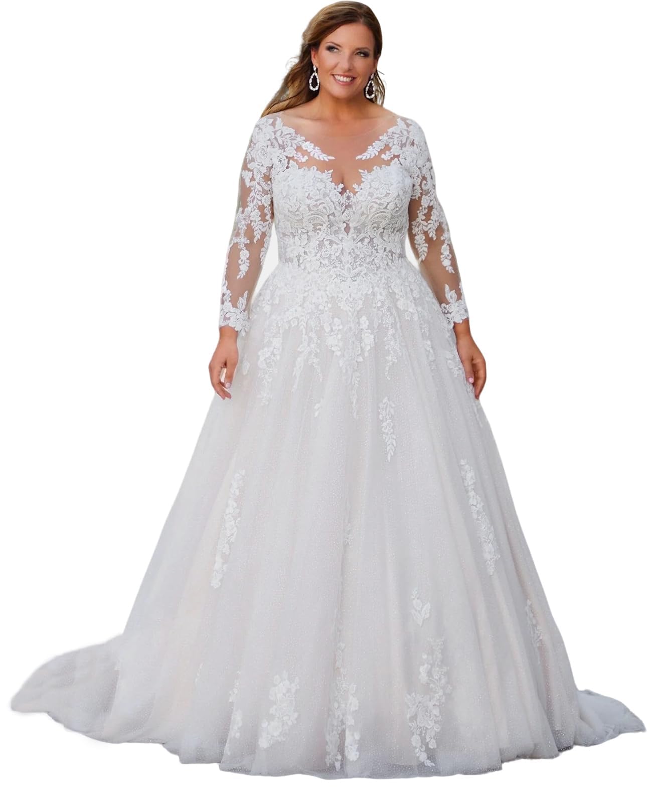 Plus Size Wedding Dress for Bride with Long Sleeve V Neck Lace Appliques Long Bridal Gowns for Women