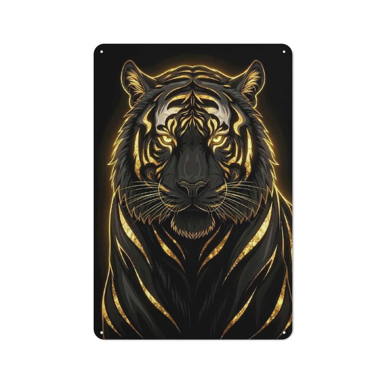 Metal Wall Plaque with Golden Tiger Portrait on Black Background Design 30x20cm, Simple Retro Studio Wall Plaque for Hobby Room, Office, Lounge Or Living Room
