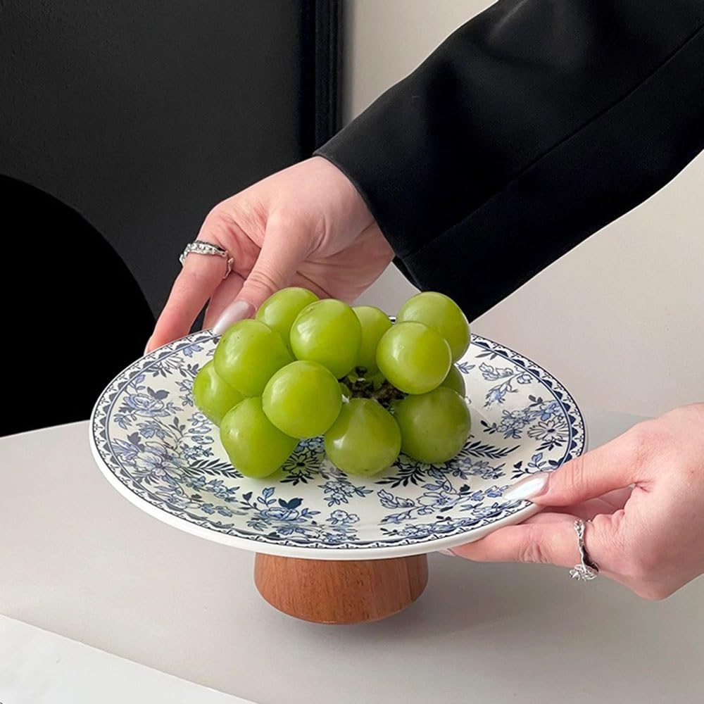 corbeille de fruits Coupe à fruits décorative sur pied en céramique avec base bois, ornée de motifs floraux