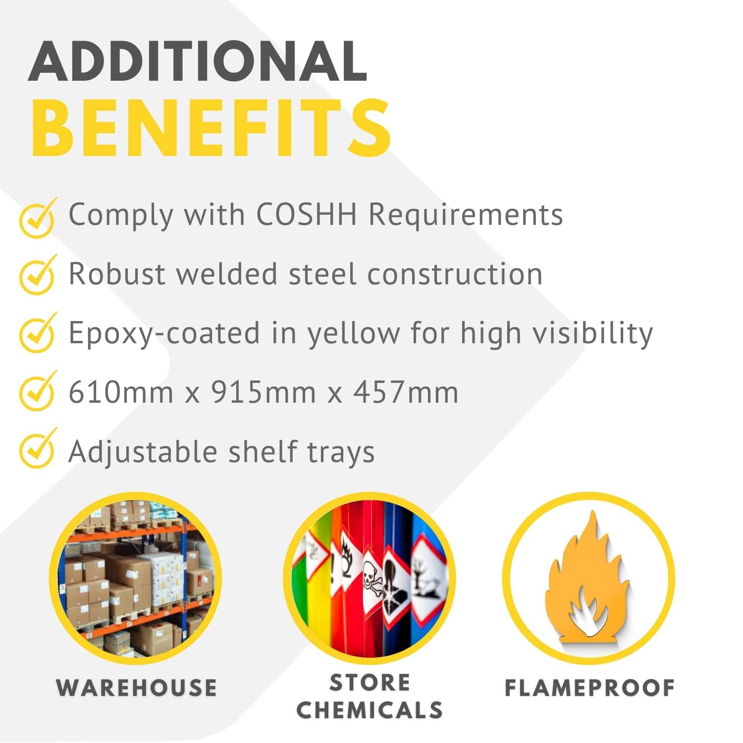 Mini armario COSHH para productos químicos inflamables, almacenamiento de seguridad de 1 estante, diseño amarillo de alta visibilidad, esencial para almacenamiento de materiales peligrosos