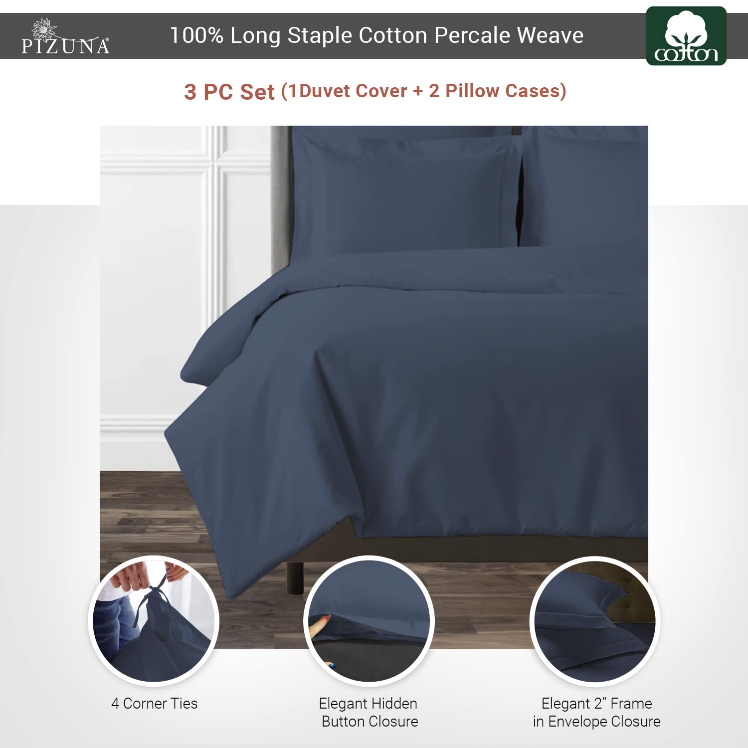 Pizuna Dark Blue Cotton Percale Duvet Cover Super King Size 260x220 - Image 3