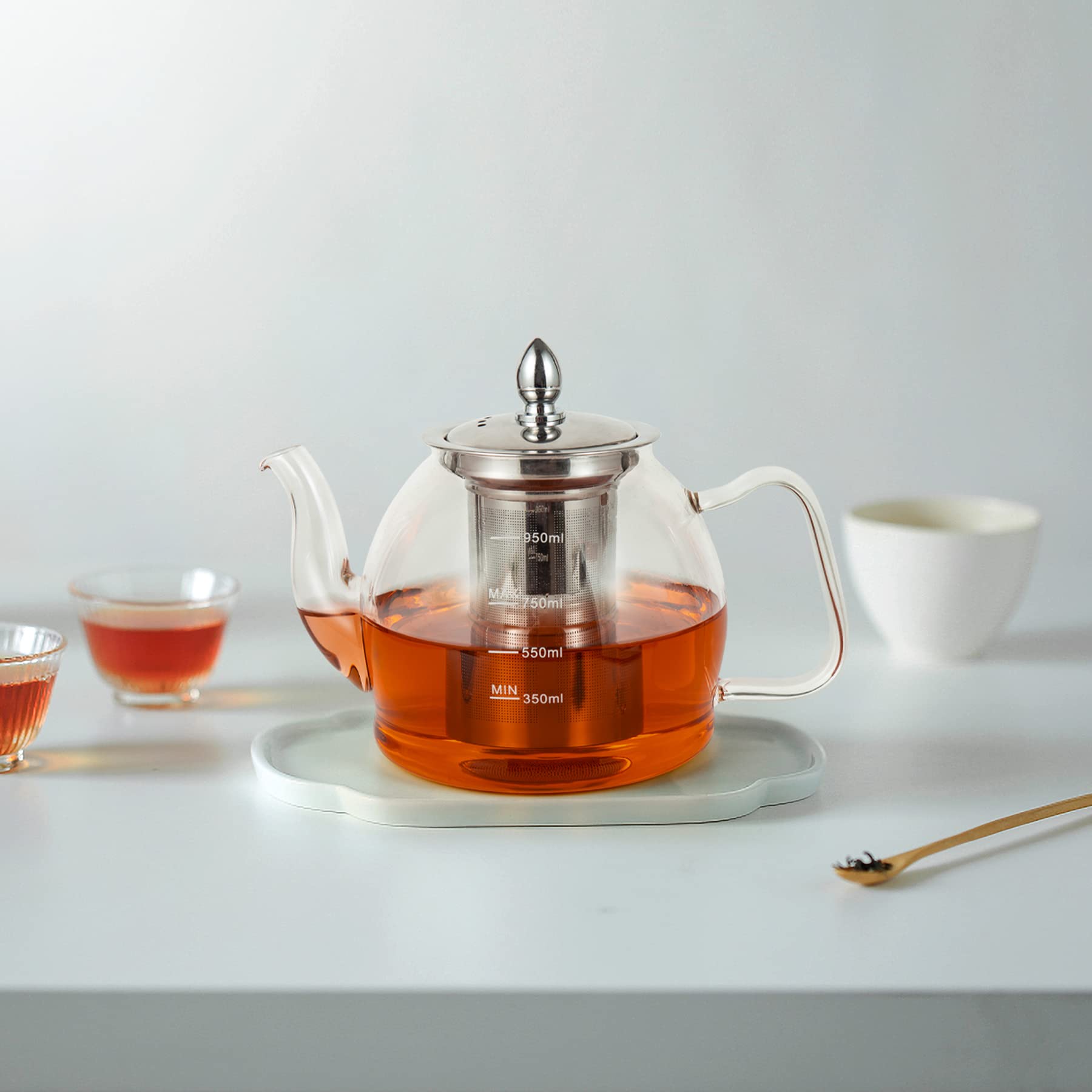 Teiera di Vetro con Infusore per Tisane Rimovibile- Teiera Vetro Borosilicato - Scaldateiera Incluso, Compatibile con Fornelli, per tè, Tisane, caffè, Sfuso Infusiera (1200ML)
