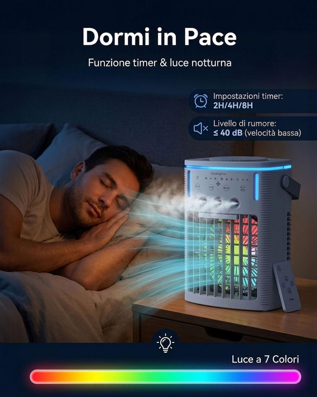 Condizionatore Portatile Silenzioso con Telecomando, Mini Raffreddatore d'Aria 4-in-1 con Serbatoio da 1000ml, Raffrescamento a 3 Ugelli per Camera da Letto e Ufficio, Timer 2-8H e 7 Colori LED