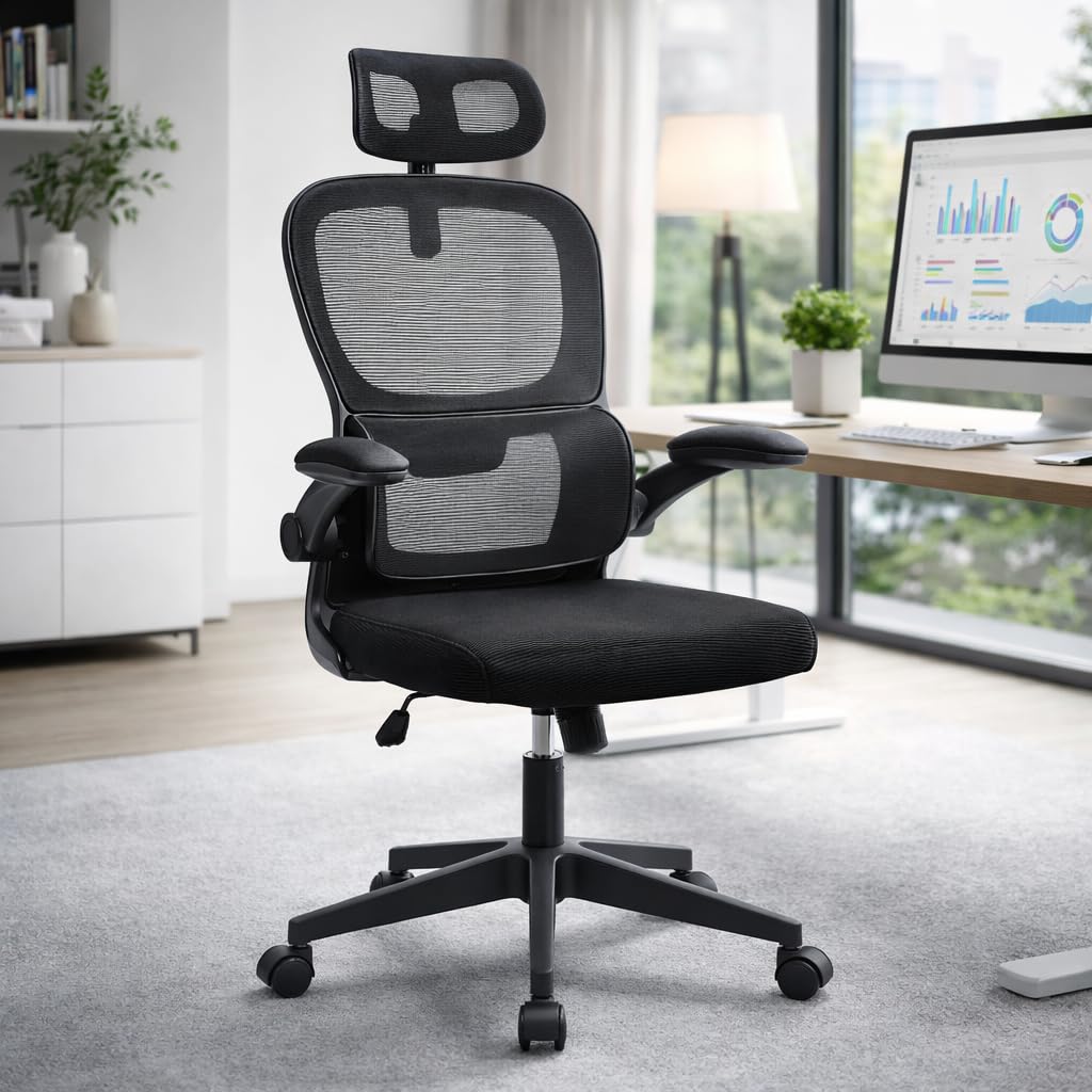 Silla de oficina ergonómica con respaldo de malla transpirable y reposacabezas ajustable | Asiento acolchado, reposabrazos abatibles y base resistente con ruedas giratorias | Diseño moderno