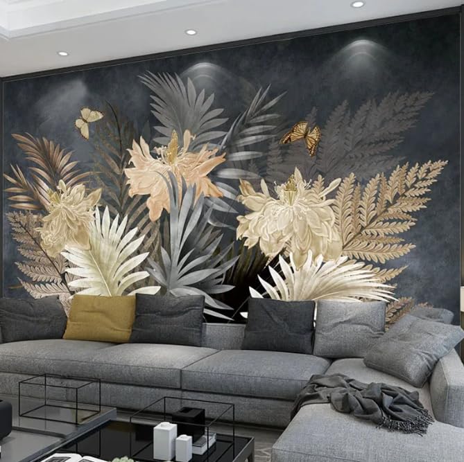 Papier peint feuilles 3D pour habiller le mur du salon derrière le canapé et la TV