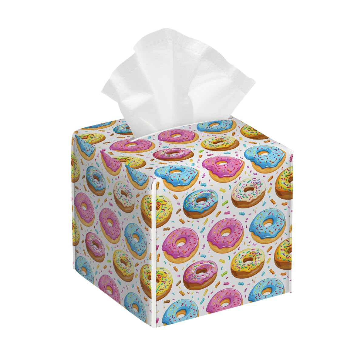 Myfsucce Donuts Theme Square Leather Tissue Box Cover Holder - Waterproof PVC Decorative for Bathroom, Living Room & Bedroom