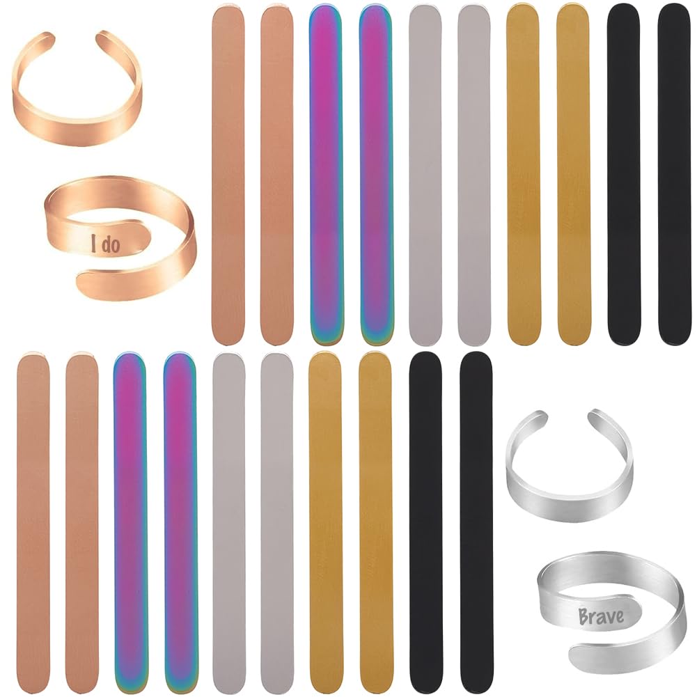 SUNNYCLUE 1 Box 20Pcs 5 Colors Stainless Steel Stamping Ring Blanks Engraving Ring Blanks Flat Metal Strips Gold Silver Black AB Color Jewellery Stamping Supplies for Bending Jewellery Making DIY