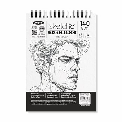 Anupam Sketch-O Sketchbook A5 | 50 Sheet 100 Pages | 140GSM | Durable Acid Free Drawing Paper |Top Spiral-Bound Sketchpad for Artists Kids & Professionals for Marker Colored Pencil Charcoal