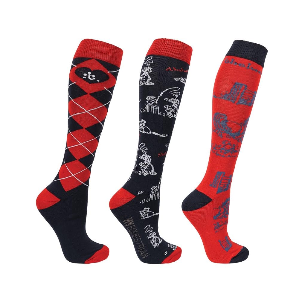 Hy Equestrian Navy/Red Thelwell Collection Practice Makes Perfect Socks (Pack Of 3), Red/ (Adult 4-8)