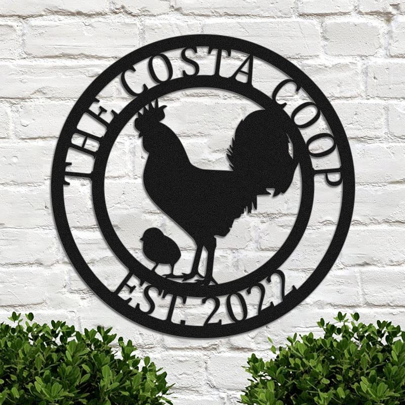 Custom Chicken Farm Sign – Personalized Hen & Chick Metal Coop Monogram, Rustic Outdoor Farmhouse Wall Décor, Unique Chicken Name Sign for Barn, Yard