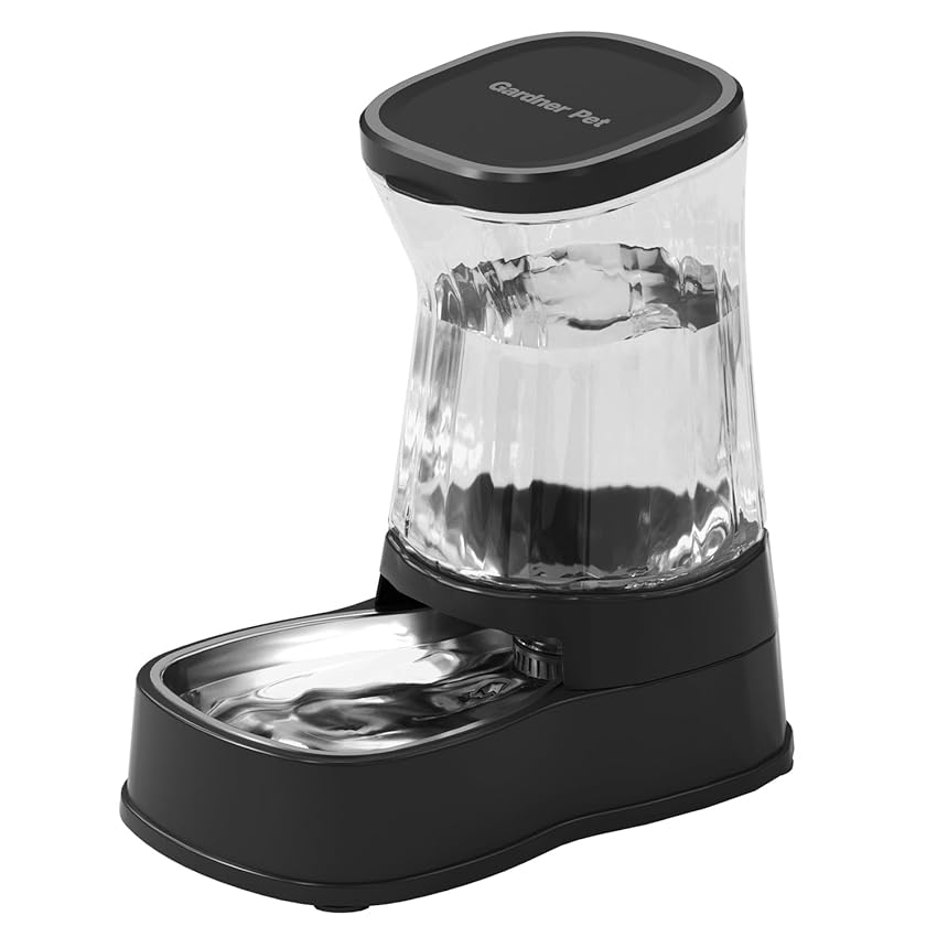 Gardner Pet 8L Dispenser Acqua Gatti, Dispenser Acqua Cani con Ciotola in Acciaio Inox, GravitÀ Abbeveratoio per Cani Non è Richiesta ElettricitÀ, Senza BPA, Nero