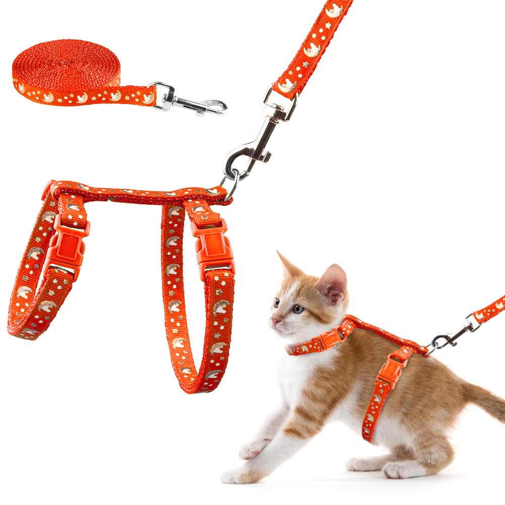 Cat Harness and Leash Set Gold Moons Soft Nylon Escape Proof Adjustable for Kittens Small Animals Glow in The Dark(Orange)