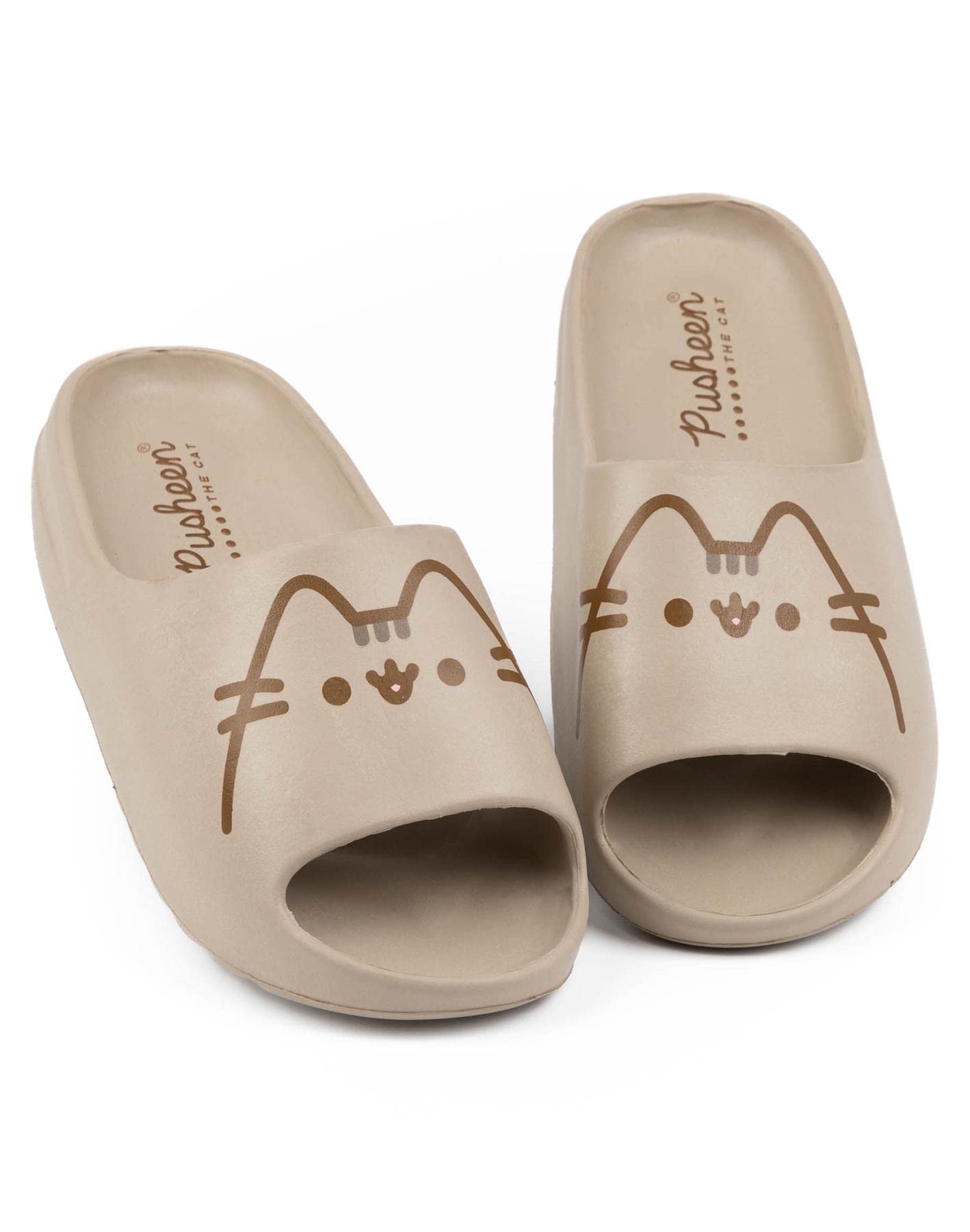 Pusheen Womens Sliders | Brown Moulded Ridge Bottom Sandals For Ladies | Cartoon Tabby Cat Cute Beachwear & Summer Pool Shoes | Slip-on Footwear Merchandise Gift for Adults