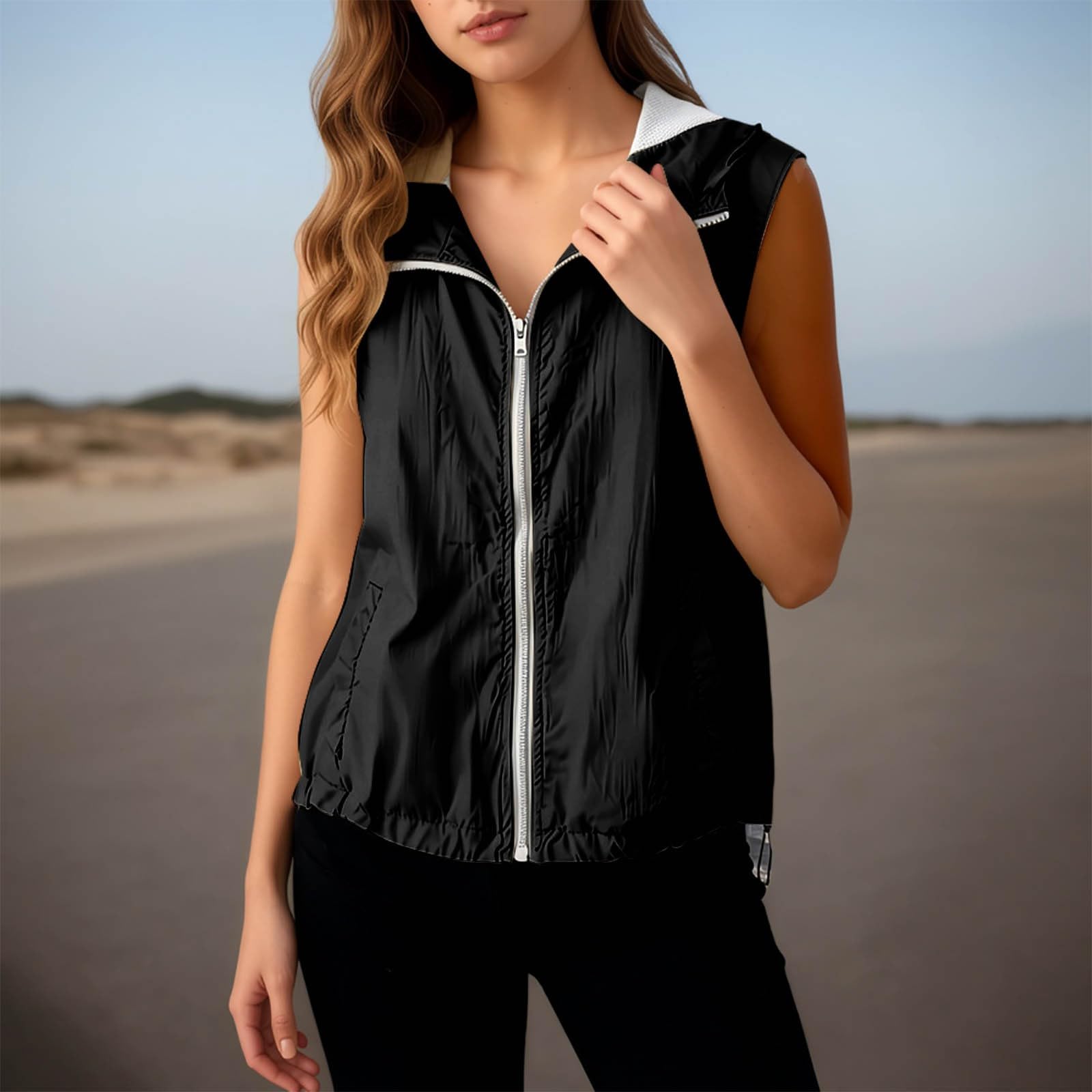 Weste Damen Sommer Jacke Leicht Sommerweste Ärmellose Sommerjacke mit Kapuze Damenwesten Stehkragen Sportweste Outdooer Sportjacke Dünne Kapuzenjacke Reißverschluss Sporttop Sportshirt