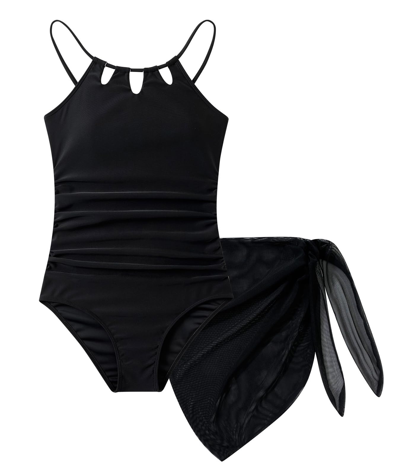 Girls One-Piece Swimsuit Bathing Suit with Cover Ups Size 7-16 | Adjustable spaghetti straps,Cut-out design, Removable chest pads, Swimwear for the beach, swimming pool, Hawaiian vacation