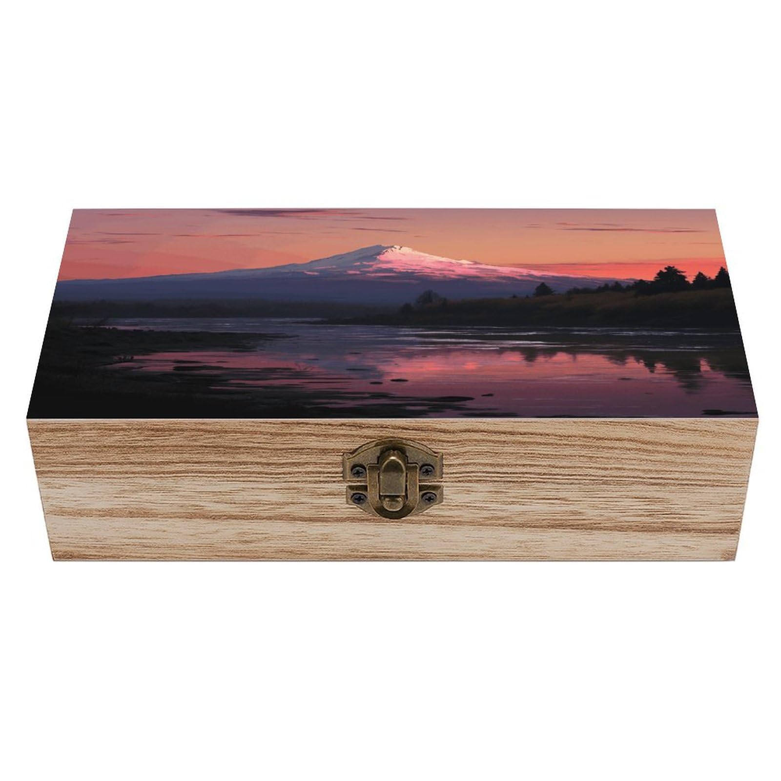 JTREHY Sunset Landscape Mountains Lake Wooden Keepsake Box Vintage-Style Wood Keepsake Case with Hinged Lid Solid Wood Boxes Beautifully Memory Treasure Case Vintage-Style Wooden Storage Box